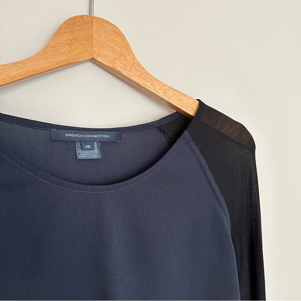 French Connection Navy Blue and Black Mixed Media Blouse - Picture 3 of 5